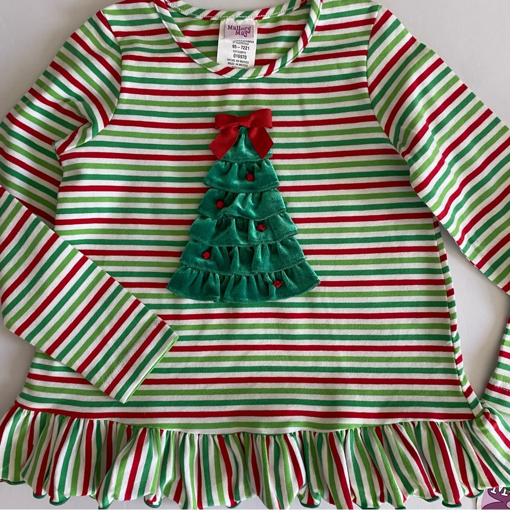 Girl’s Christmas Shirt Size 5 New NWT 3D velour Tree Red Green Striped Ruffle